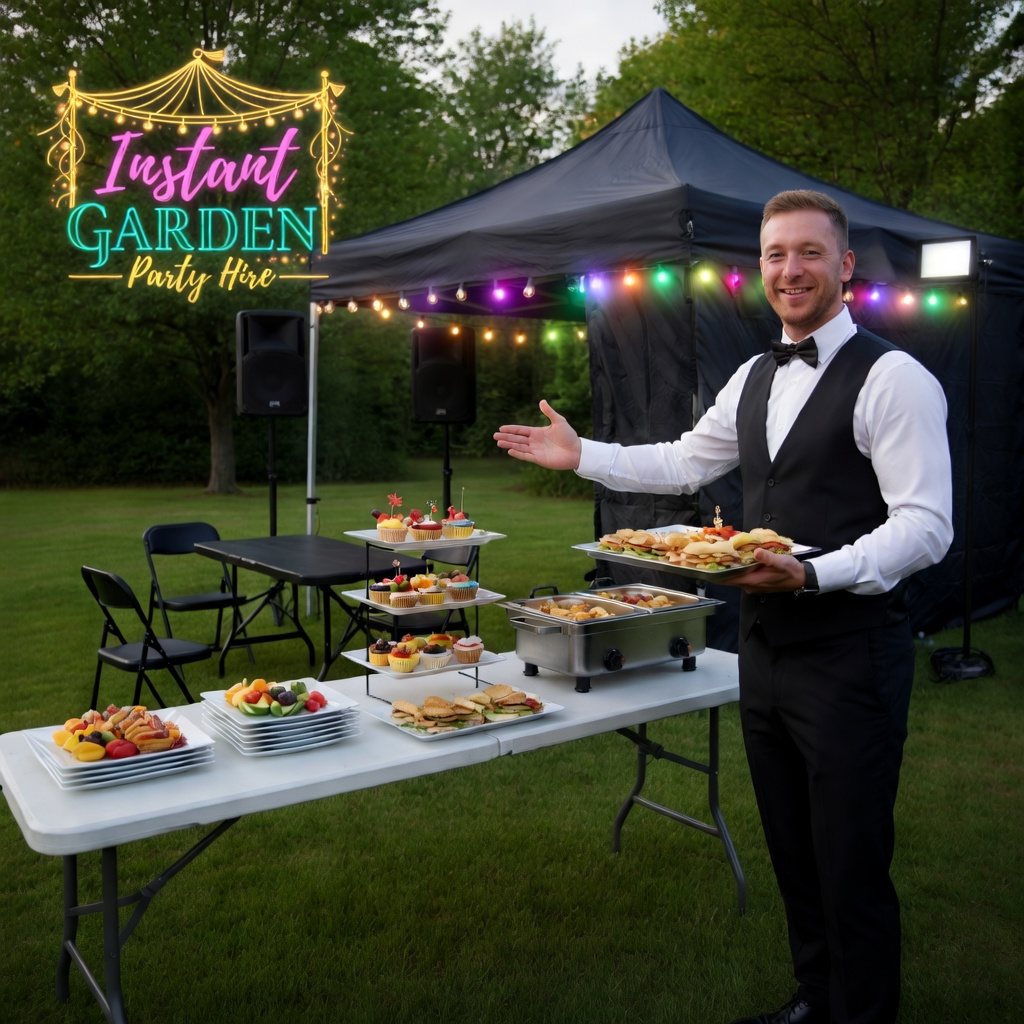 A complete garden party buffet, sound and lighting setup